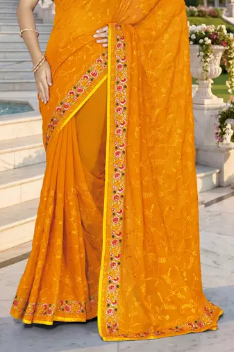 Mustard sequin embroidered work georgette designer saree for women