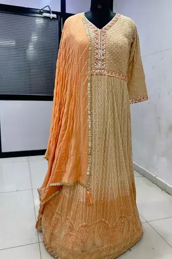peach embroidered georgette anarkali salwar suit - free size