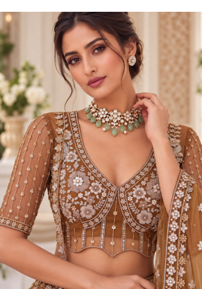 Brown Color Thread,Sequins,Motif And Sequins Work Net Lehenga Choli 2