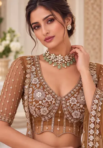 Brown Color Thread,Sequins,Motif And Sequins Work Net Lehenga Choli