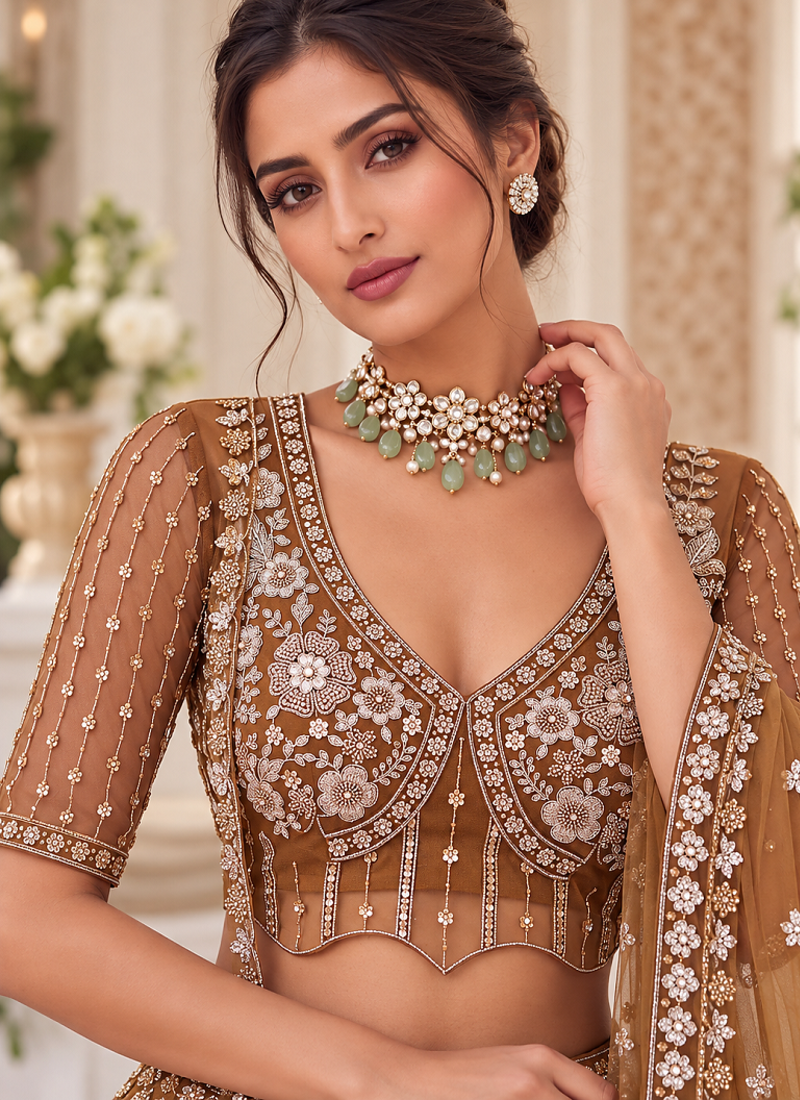 Brown Color Thread,Sequins,Motif And Sequins Work Net Lehenga Choli