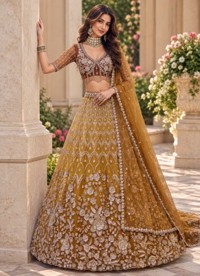 Brown Color Thread,Sequins,Motif And Sequins Work Net Lehenga Choli 1