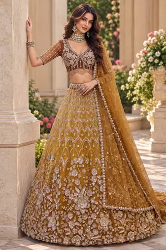 Brown Color Thread,Sequins,Motif And Sequins Work Net Lehenga Choli