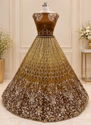 Brown Color Thread,Sequins,Motif And Sequins Work Net Lehenga Choli 3