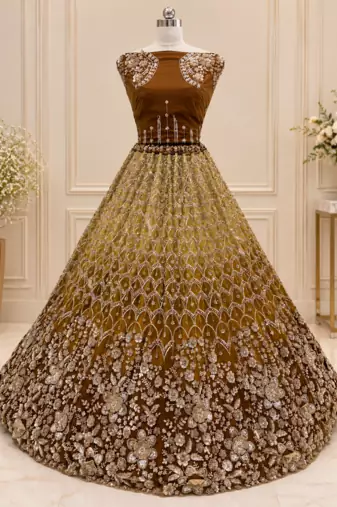 Brown Color Thread,Sequins,Motif And Sequins Work Net Lehenga Choli