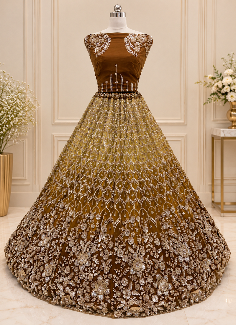 Brown Color Thread,Sequins,Motif And Sequins Work Net Lehenga Choli