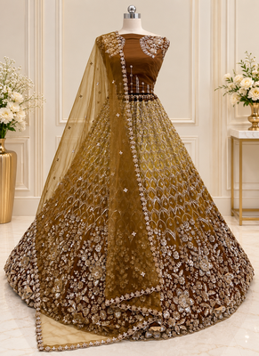 Brown Color Thread,Sequins,Motif And Sequins Work Net Lehenga Choli 4