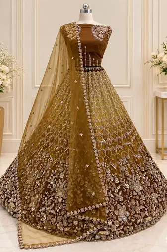 Brown Color Thread,Sequins,Motif And Sequins Work Net Lehenga Choli