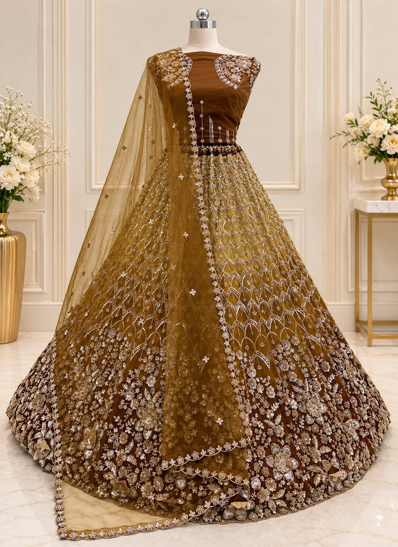 Brown Color Thread,Sequins,Motif And Sequins Work Net Lehenga Choli
