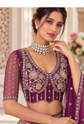 Plum Color Thread,Sequins,Motif And Sequins Work Net Lehenga Choli 2