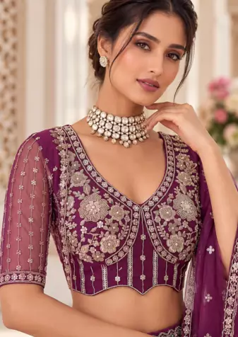 Plum Color Thread,Sequins,Motif And Sequins Work Net Lehenga Choli