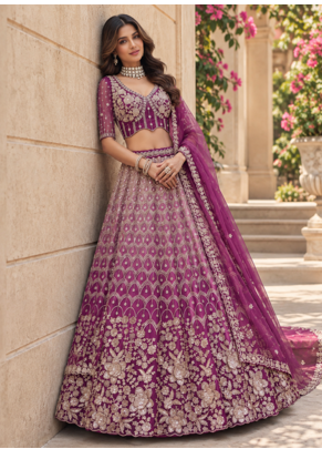 Plum Color Thread,Sequins,Motif And Sequins Work Net Lehenga Choli 1