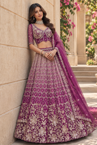Plum Color Thread,Sequins,Motif And Sequins Work Net Lehenga Choli