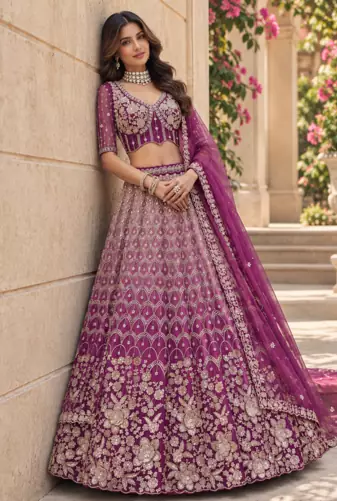 Plum Color Thread,Sequins,Motif And Sequins Work Net Lehenga Choli