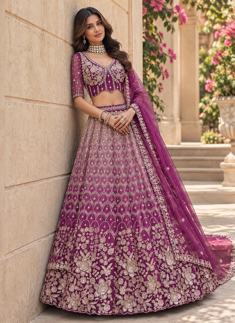 Plum Color Thread,Sequins,Motif And Sequins Work Net Lehenga Choli