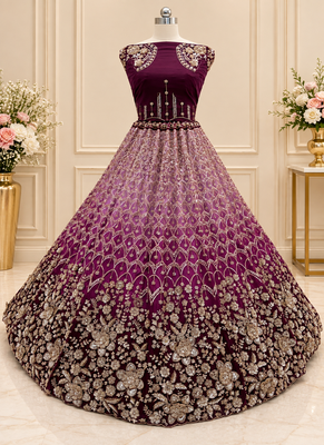 Plum Color Thread,Sequins,Motif And Sequins Work Net Lehenga Choli 3