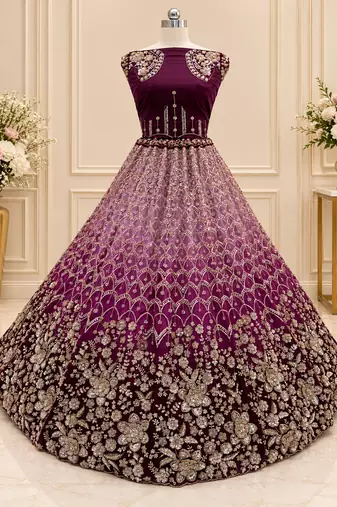Plum Color Thread,Sequins,Motif And Sequins Work Net Lehenga Choli