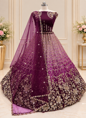 Plum Color Thread,Sequins,Motif And Sequins Work Net Lehenga Choli 4