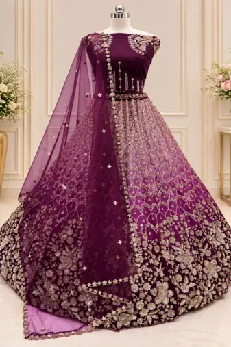 Plum Color Thread,Sequins,Motif And Sequins Work Net Lehenga Choli