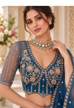 Teal Color Thread,Sequins,Motif And Sequins Work Net Lehenga Choli 2