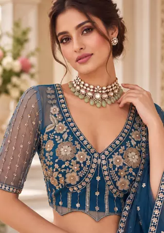 Teal Color Thread,Sequins,Motif And Sequins Work Net Lehenga Choli
