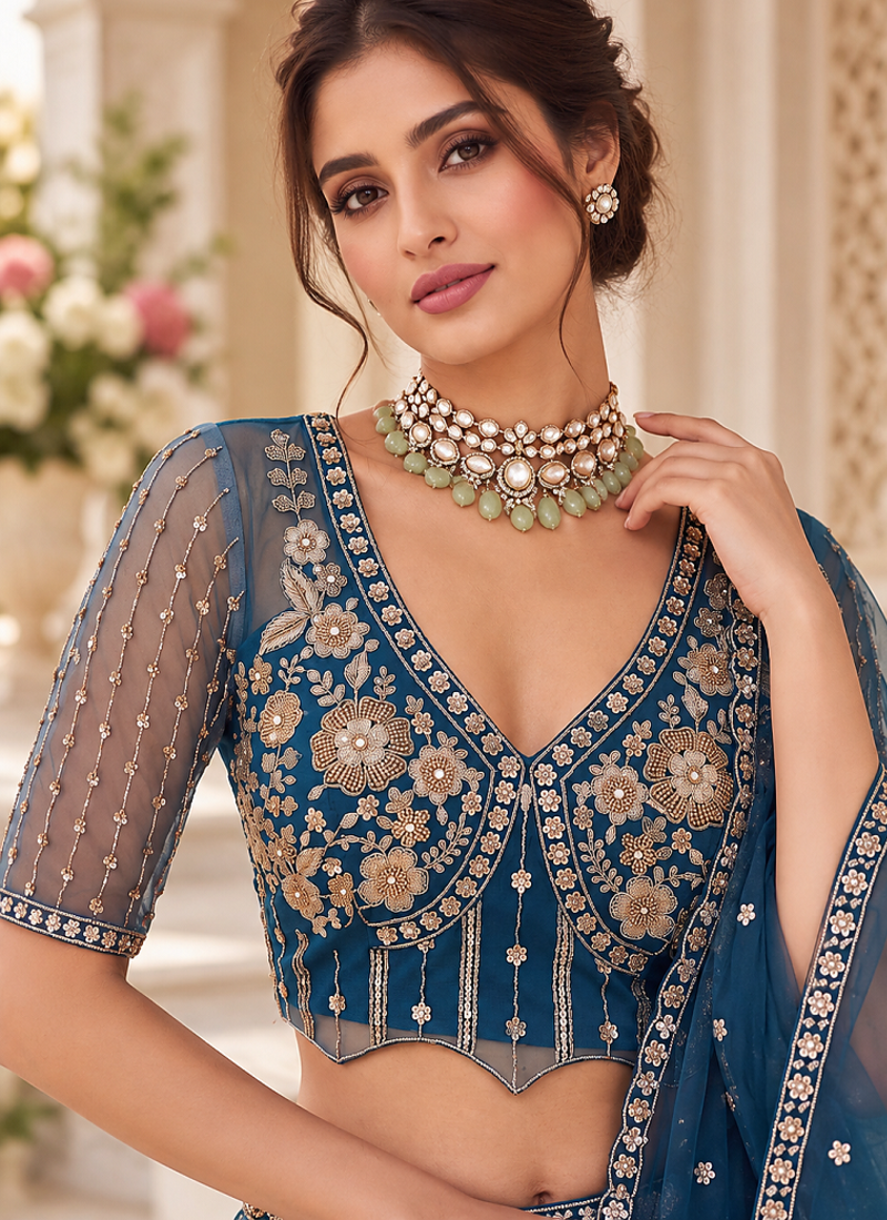 Teal Color Thread,Sequins,Motif And Sequins Work Net Lehenga Choli