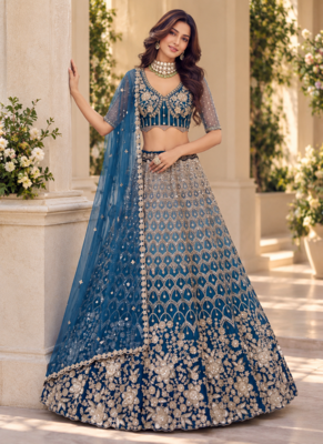 Teal Color Thread,Sequins,Motif And Sequins Work Net Lehenga Choli 1