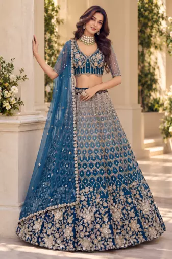 Teal Color Thread,Sequins,Motif And Sequins Work Net Lehenga Choli