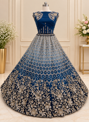 Teal Color Thread,Sequins,Motif And Sequins Work Net Lehenga Choli 3