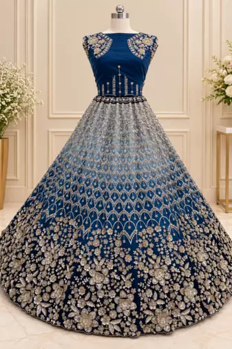 Teal Color Thread,Sequins,Motif And Sequins Work Net Lehenga Choli
