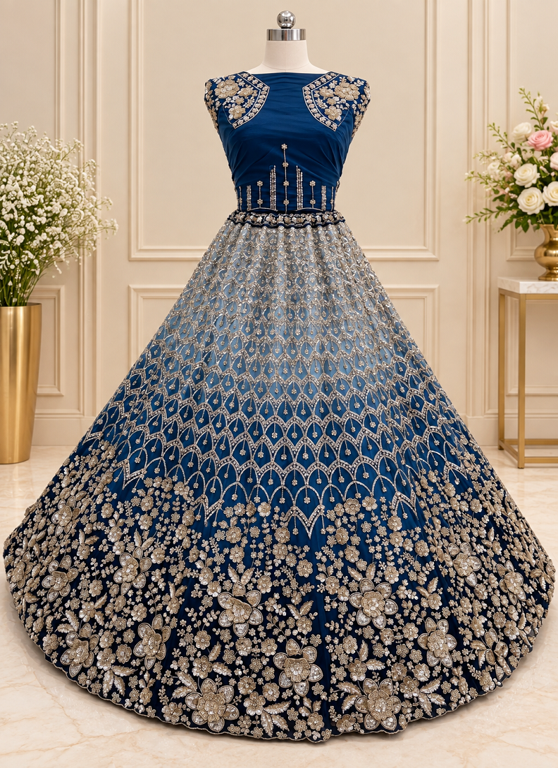 Teal Color Thread,Sequins,Motif And Sequins Work Net Lehenga Choli