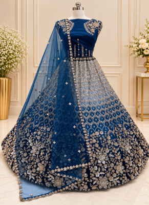 Teal Color Thread,Sequins,Motif And Sequins Work Net Lehenga Choli 4