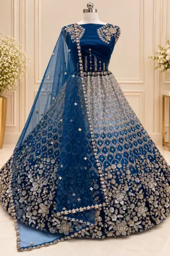 Teal Color Thread,Sequins,Motif And Sequins Work Net Lehenga Choli
