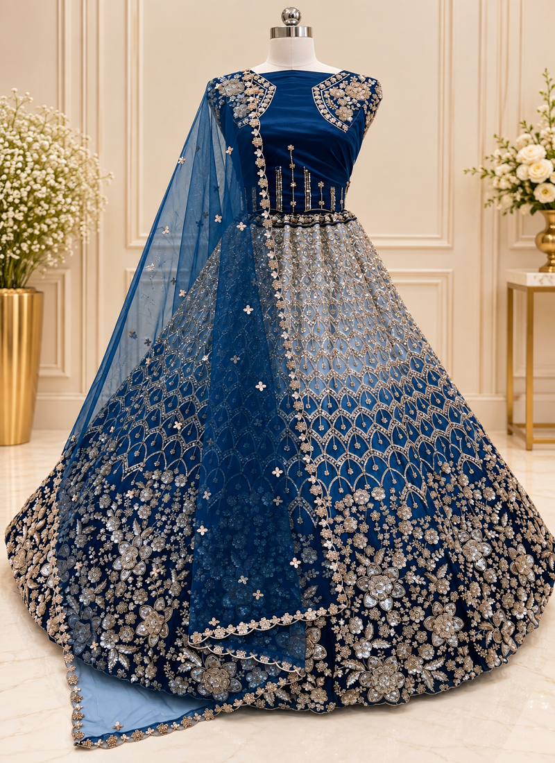 Teal Color Thread,Sequins,Motif And Sequins Work Net Lehenga Choli