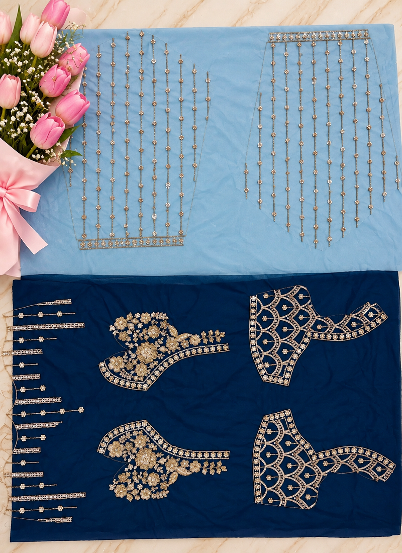 Teal Color Thread,Sequins,Motif And Sequins Work Net Lehenga Choli