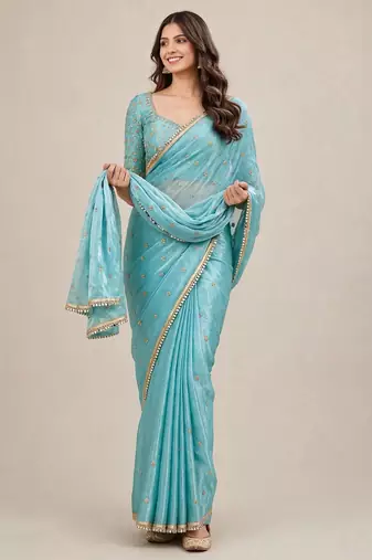Elegant fandy satin designer saree with premium mirror lace border
