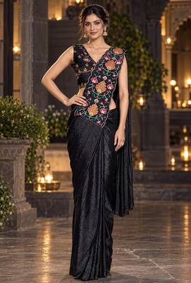 black floral embroidered patch nc satin ready to wear party wear saree with stitched blouse 1