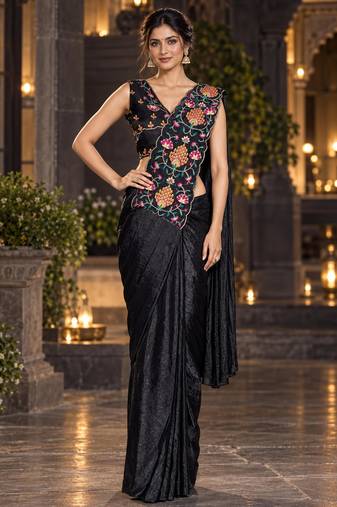 black floral embroidered patch nc satin ready to wear party wear saree with stitched blouse