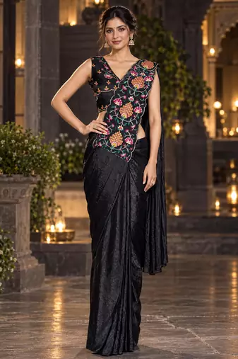 black floral embroidered patch nc satin ready to wear party wear saree with stitched blouse