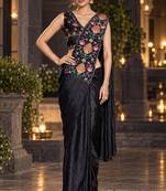 black floral embroidered patch nc satin ready to wear party wear saree with stitched blouse