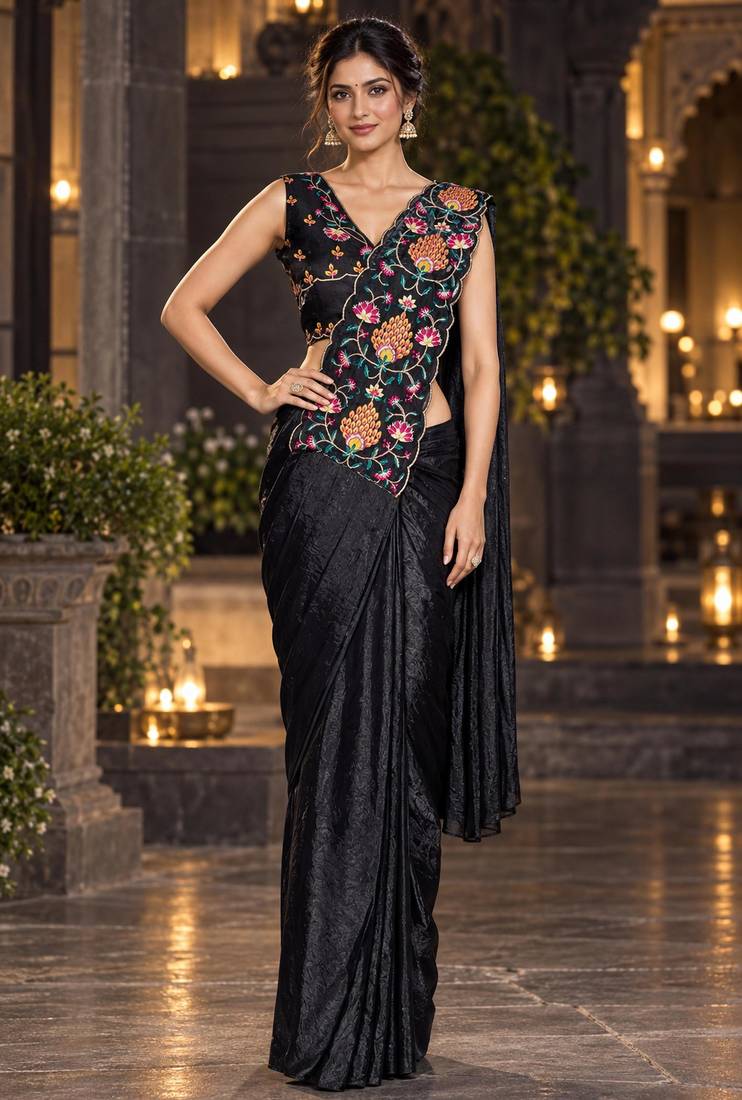 black floral embroidered patch nc satin ready to wear party wear saree with stitched blouse