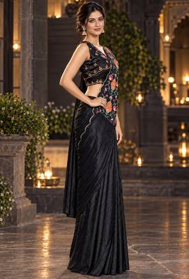 black floral embroidered patch nc satin ready to wear party wear saree with stitched blouse 2
