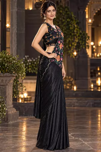 black floral embroidered patch nc satin ready to wear party wear saree with stitched blouse