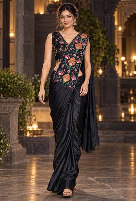 black floral embroidered patch nc satin ready to wear party wear saree with stitched blouse 3