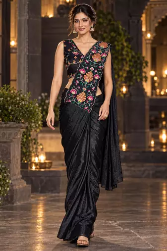 black floral embroidered patch nc satin ready to wear party wear saree with stitched blouse