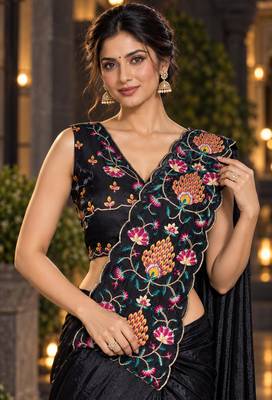 black floral embroidered patch nc satin ready to wear party wear saree with stitched blouse 4