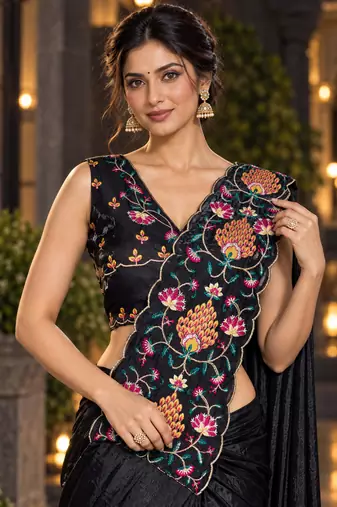 black floral embroidered patch nc satin ready to wear party wear saree with stitched blouse