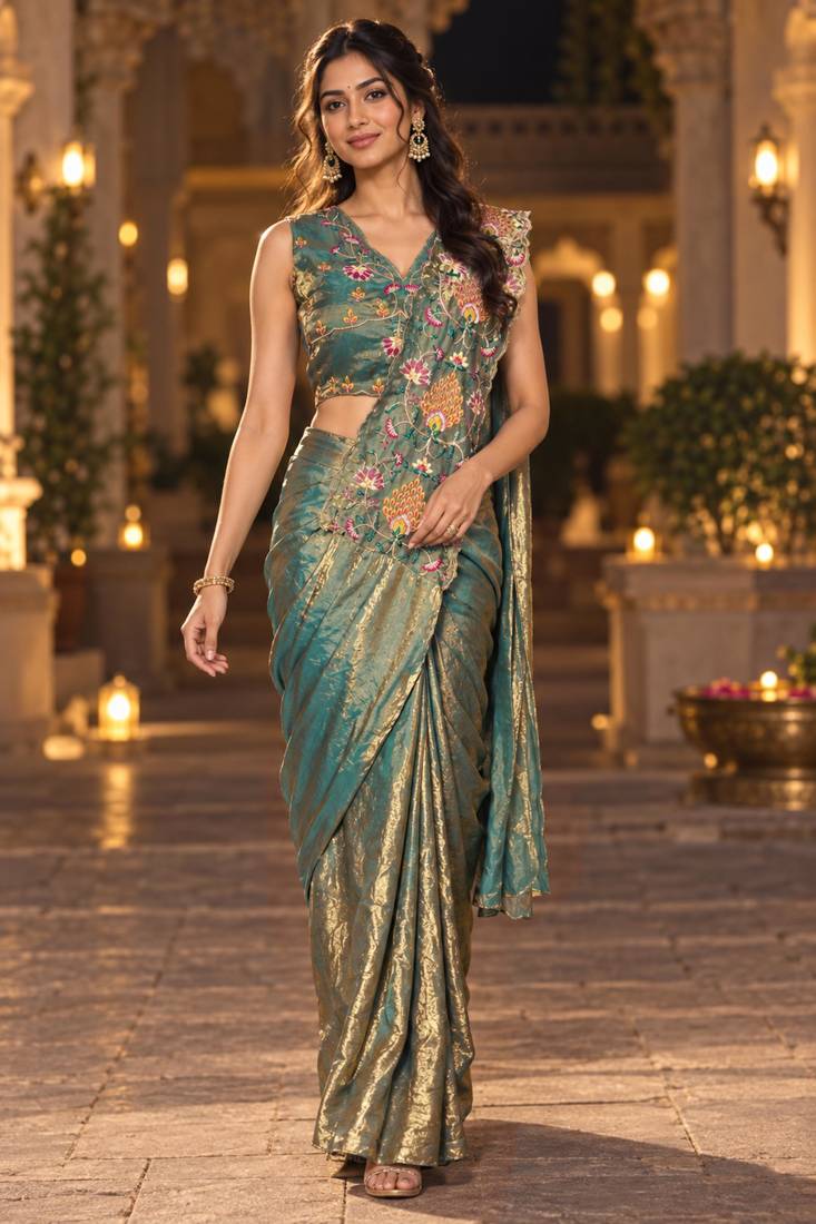 rama floral embroidered patch nc satin ready to wear party wear saree with stitched blouse