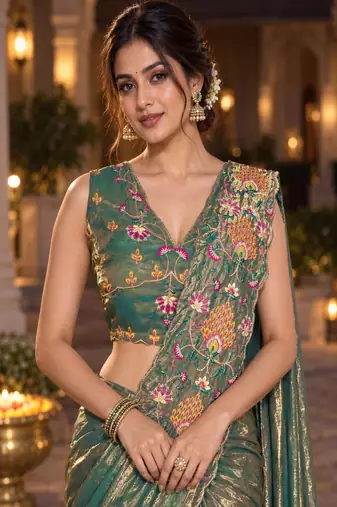rama floral embroidered patch nc satin ready to wear party wear saree with stitched blouse