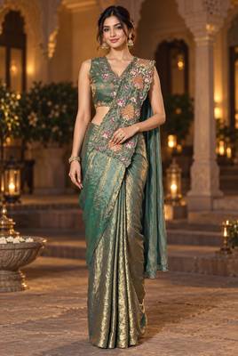 rama floral embroidered patch nc satin ready to wear party wear saree with stitched blouse 4